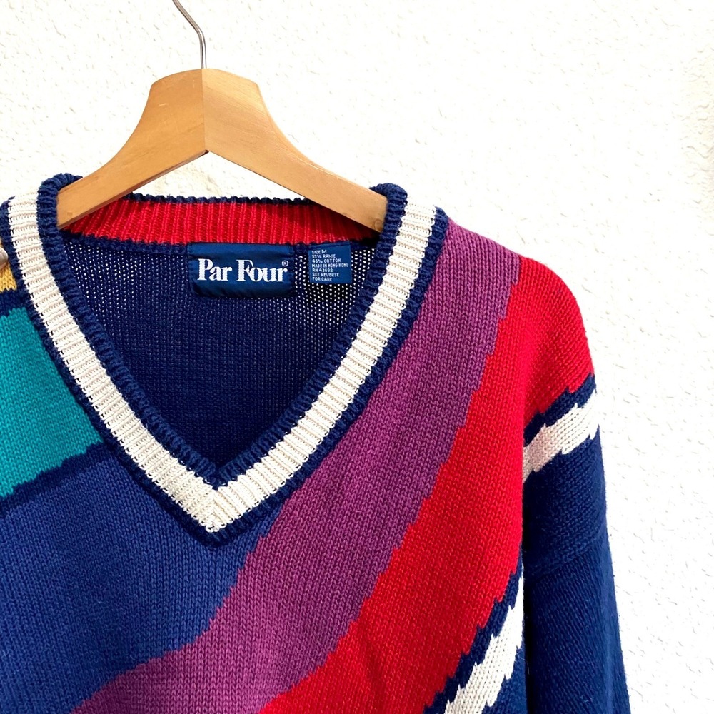 Vintage Par Four Mens Golf Sweater V-Neck Intarsia Knit Navy Blue Medium grandpa